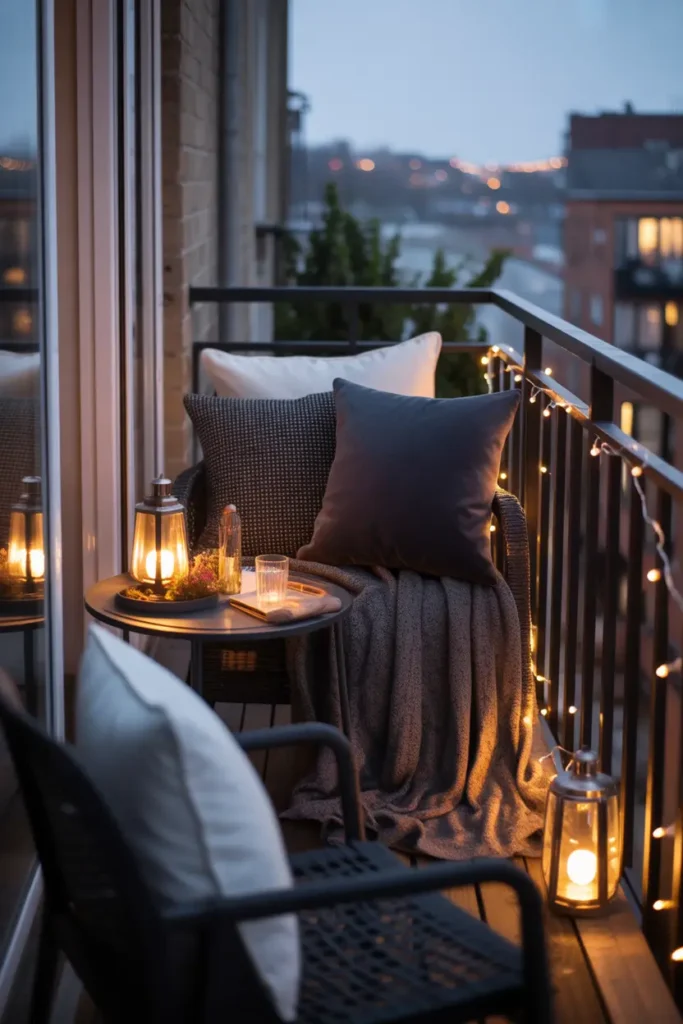 Small apartment balcony at night with moody cozy styling, dark charcoal cushions, warm glowing lanterns, fairy lights along railing, deep textured throw blanket, soft shadows, city lights blurred in background, realistic Pinterest style balcony scene, intimate feminine mood, layered fabrics, warm light against dark tones, stylish small outdoor apartment setup with peaceful cozy evening atmosphere