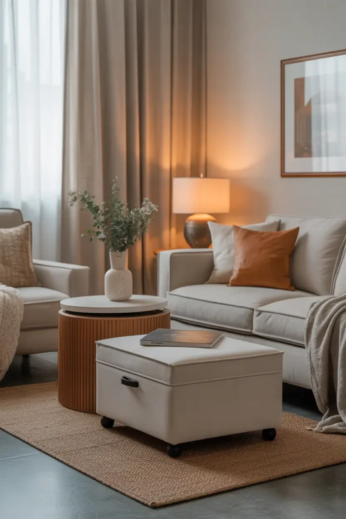 Compact apartment living room with multifunctional furniture including storage ottoman and nesting tables, neutral tones, warm natural lighting, cozy modern styling, minimalist decor arrangement