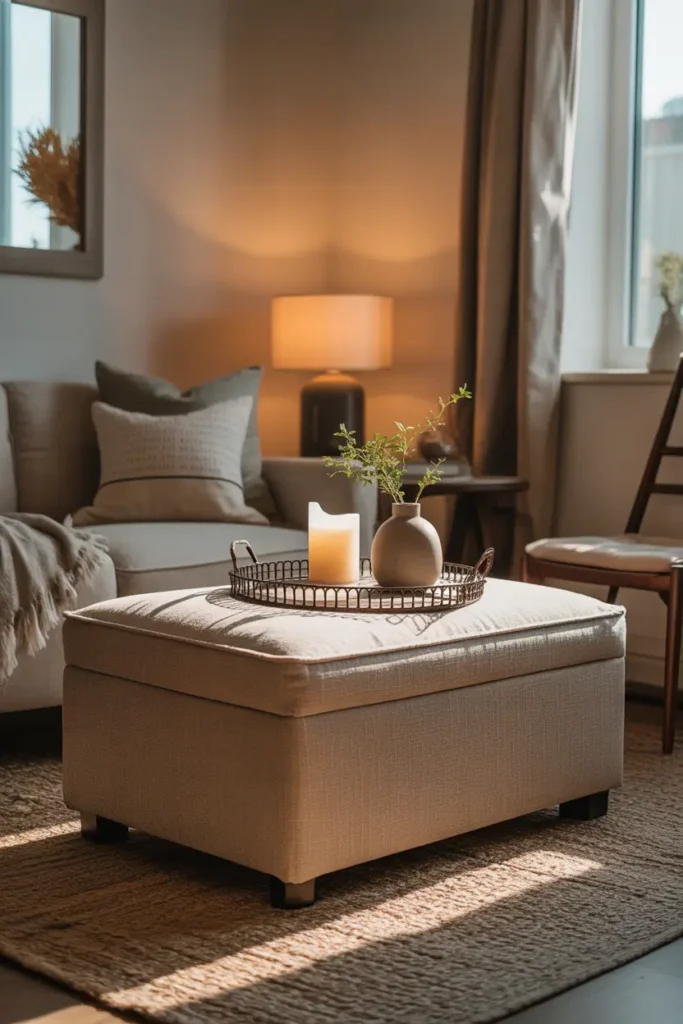 small apartment living room featuring upholstered storage ottoman in neutral fabric, styled with decorative tray and candle, cozy sofa with layered cushions, warm sunlight through window, textured rug, minimal decor arrangement, realistic interior photography capturing inviting atmosphere, balanced composition emphasizing multifunctional furniture in compact cozy space.