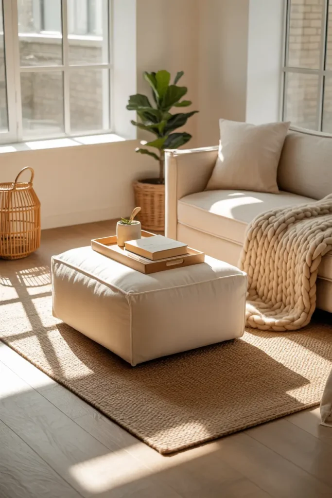 Modern studio apartment living area with soft fabric storage ottoman serving as coffee table, neutral sofa, cozy throw blanket, woven basket nearby, warm natural sunlight filling room, light wood flooring, minimal decor with small plant and books on tray, Pinterest style interior design for compact apartment furniture with cozy welcoming atmosphere.