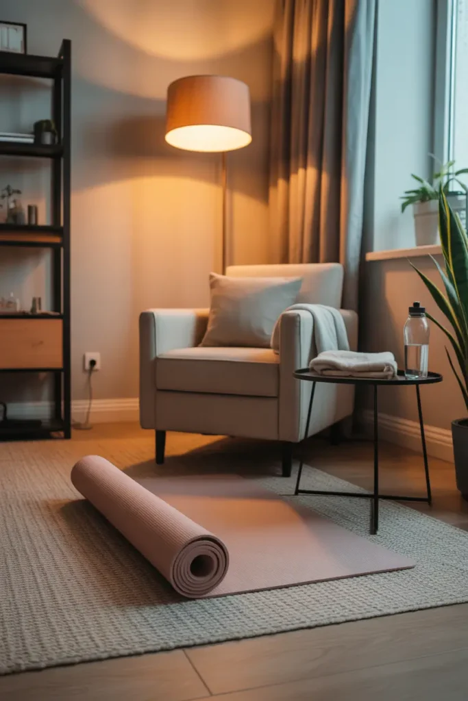 modern apartment corner designed for both relaxation and workouts, neutral yoga mat rolled out beside cozy armchair, small side table holding water bottle and towel, warm lighting from floor lamp, wooden floor and soft textured rug, indoor plant nearby, stylish small apartment interior combining comfort and wellness, Pinterest inspired home gym scene with cozy lifestyle aesthetic.