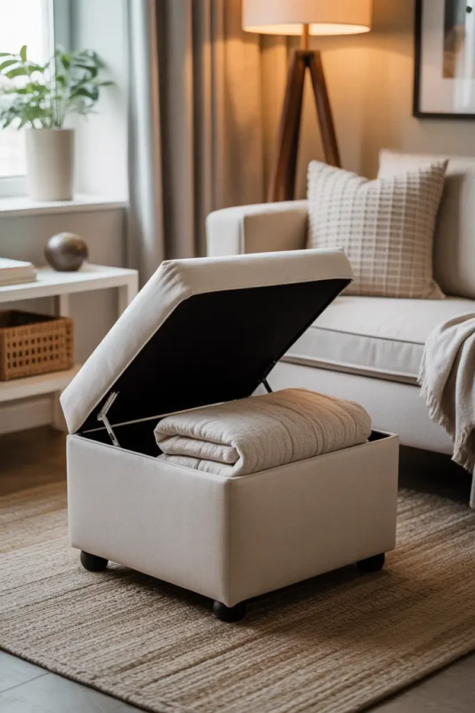 Small apartment living room featuring upholstered storage ottoman in soft linen fabric, neutral beige color, placed near sofa, lid slightly open showing folded blanket inside, cozy rug beneath, warm natural lighting from window, modern Pinterest-style apartment decor with textured pillows and soft calming tones.