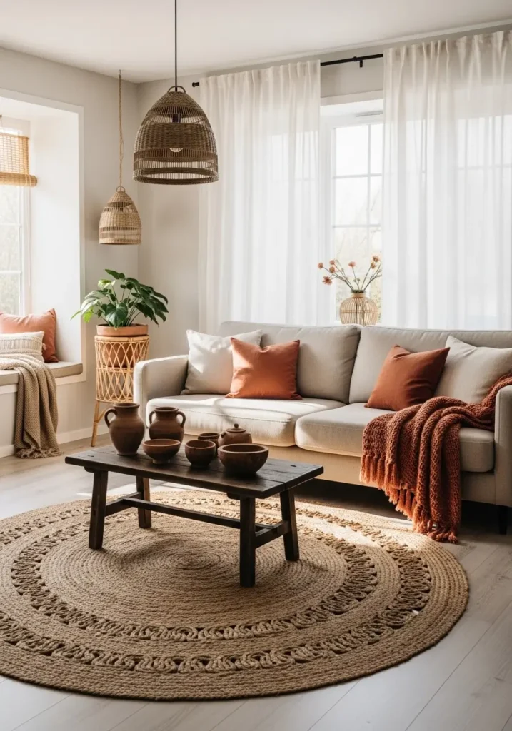 Earthy apartment living room with large woven jute rug covering warm wood floors, beige linen sofa layered with clay and cream pillows, wooden coffee table with ceramic pottery, soft afternoon sunlight entering through sheer curtains, neutral tones of sand, taupe, and warm brown, cozy Pinterest style apartment interior with textured natural materials and calm atmosphere.