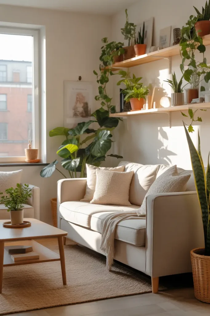 Pinterest-style cozy apartment living room filled with natural plants including small potted plants on shelves, leafy plant near window, neutral sofa with textured pillows, wooden coffee table, warm sunlight entering through window, soft woven rug, bright calming atmosphere, modern feminine apartment decor photography with natural greenery accents.