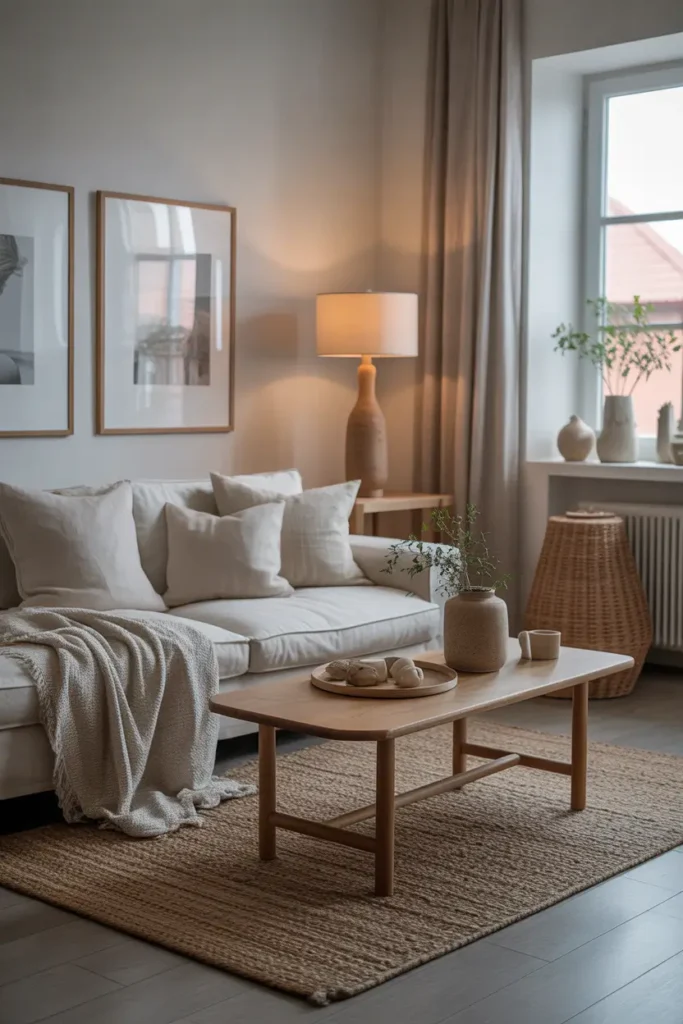 Minimalist apartment interior highlighting mixed natural textures, linen cushions, woven rug, wooden coffee table, ceramic decor pieces, soft natural daylight, Scandinavian cozy styling, realistic Pinterest interior photography, calm neutral palette, tactile surfaces creating warm inviting minimalist atmosphere.