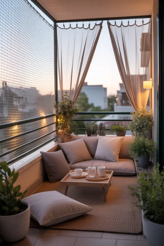Relaxed apartment balcony wrapped with soft net-style mesh screen attached around railing, airy texture glowing in warm evening light, cozy floor seating with pillows, small wooden tray table with tea set, potted greenery adding life to space, calm Pinterest-style balcony atmosphere.
