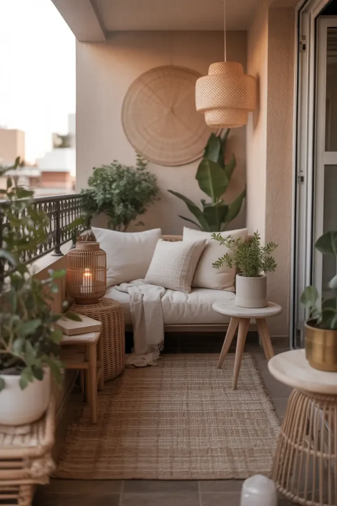 Small apartment balcony in neutral boho style with woven rug, cream cushions, light wood stool, lantern, potted plants, natural rattan details, warm soft daylight, realistic Pinterest style balcony photography, calm feminine atmosphere, layered cozy textures, airy apartment setting, gentle shadows, relaxed elegant styling, and peaceful outdoor room feeling with soft neutral tones and inviting mood