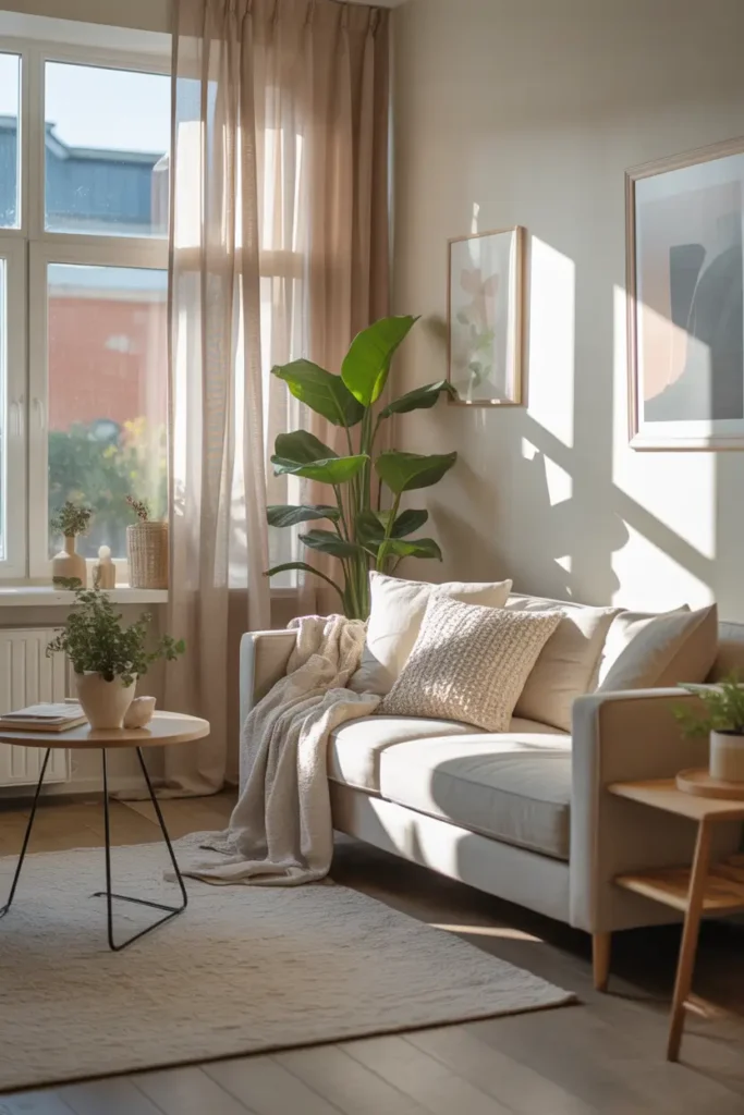 Pinterest-style small apartment living room with sheer neutral curtains flowing beside bright window, sunlight filtering through fabric, soft shadows across cozy sofa, light wood flooring, warm minimalist decor with plants and textured pillows, calm airy interior atmosphere.