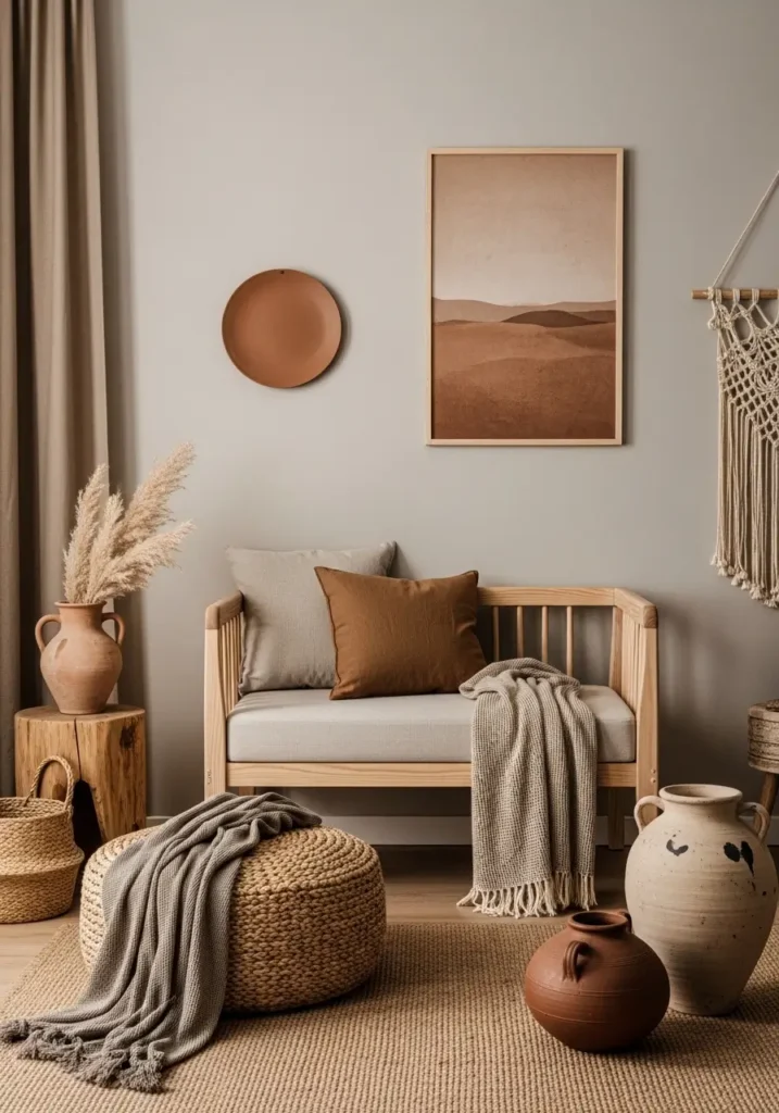 Earthy aesthetic apartment interior with beige walls, warm clay throw pillows, wooden side table, linen curtains glowing with natural light, woven baskets and textured pottery decor, soft neutral palette with sand, moss, and warm brown tones, cozy apartment styling photographed in warm sunlight with relaxed Pinterest aesthetic.