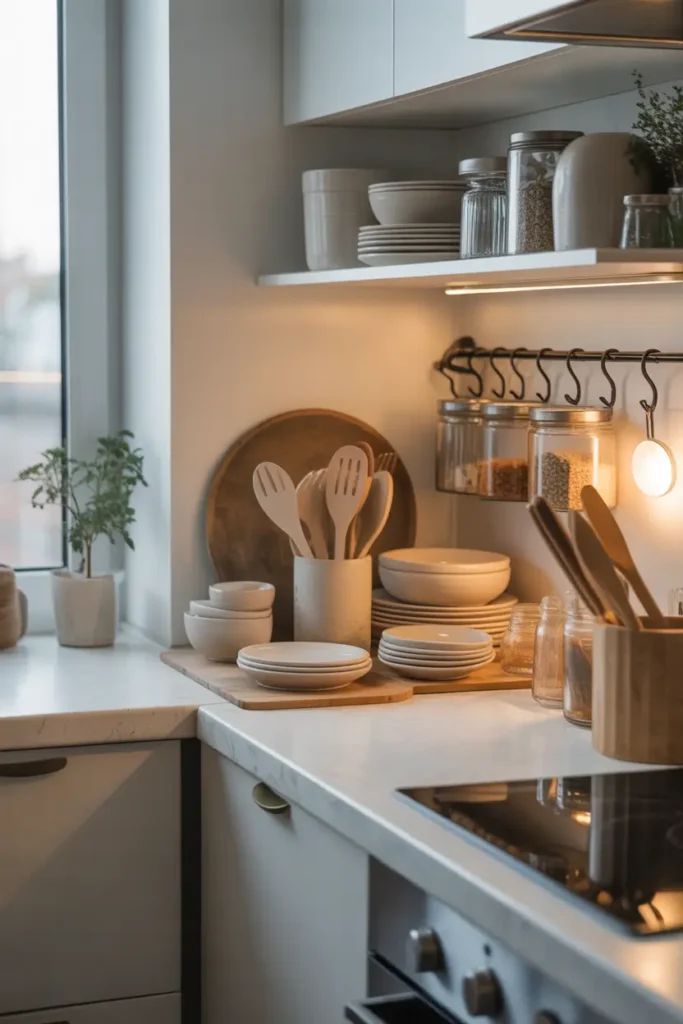 Minimalist apartment kitchen with clean white countertops, neutral ceramic dishes, glass storage jars, wooden utensils in holder, soft natural daylight from window, modern Scandinavian styling, cozy realistic Pinterest kitchen interior, uncluttered surfaces, warm textures, small apartment kitchen feeling open and peaceful.