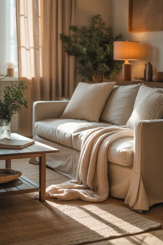 Warm cozy apartment living room with linen sofa covers in soft beige tone, textured pillows, knitted blanket draped casually, wooden coffee table, woven rug, warm natural sunlight filtering through curtains, Pinterest style apartment interior with calm layered fabrics.