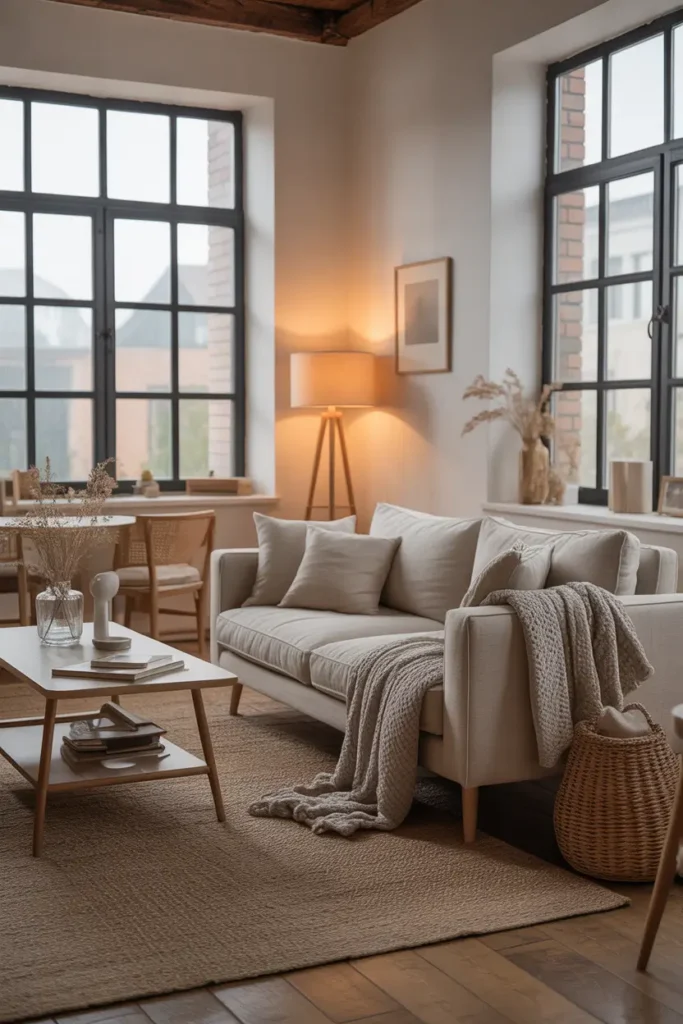 Cozy loft apartment with layered neutral textures including linen sofa, woven rug, knit blankets, light wood furniture, warm natural lighting from tall windows, Pinterest style interior photography with soft calm atmosphere.