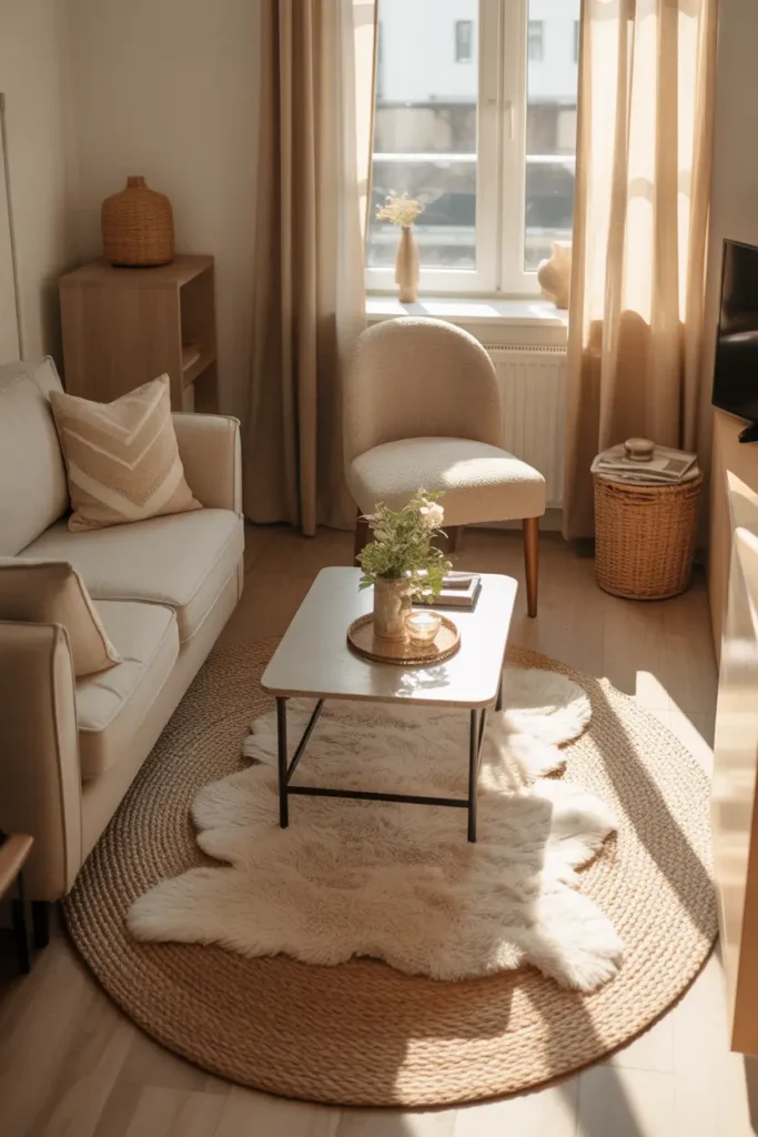 Tiny micro studio apartment floor styled with layered neutral rugs including woven jute base and soft cream textured rug on top, small coffee table resting over rugs, warm sunlight entering room through sheer curtains, simple neutral furniture and cozy textures creating Pinterest style apartment interior.