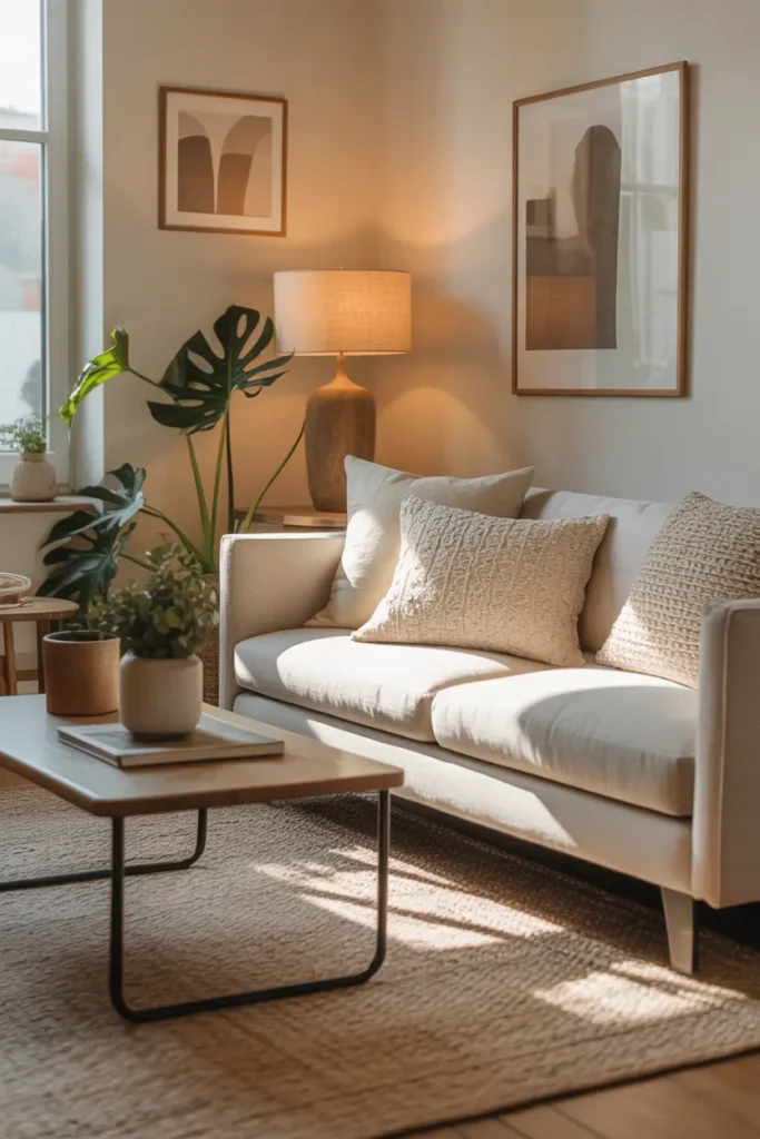 Cozy Pinterest style apartment living room with neutral throw pillows in linen, boucle, and cotton textures, beige sofa, warm wood coffee table, soft woven rug, small indoor plants, gentle natural sunlight and warm calming apartment aesthetic.