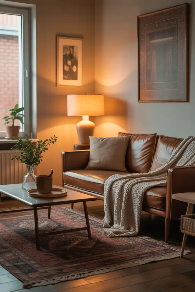 Cozy small apartment living room with slightly worn vintage rug, warm earthy tones, second hand couch with knitted throw, wooden coffee table, soft lamp lighting, relaxed poor apartment aesthetic interior, natural textures, calm neutral palette, lived in comfortable styling, Pinterest style interior photography with soft evening light.