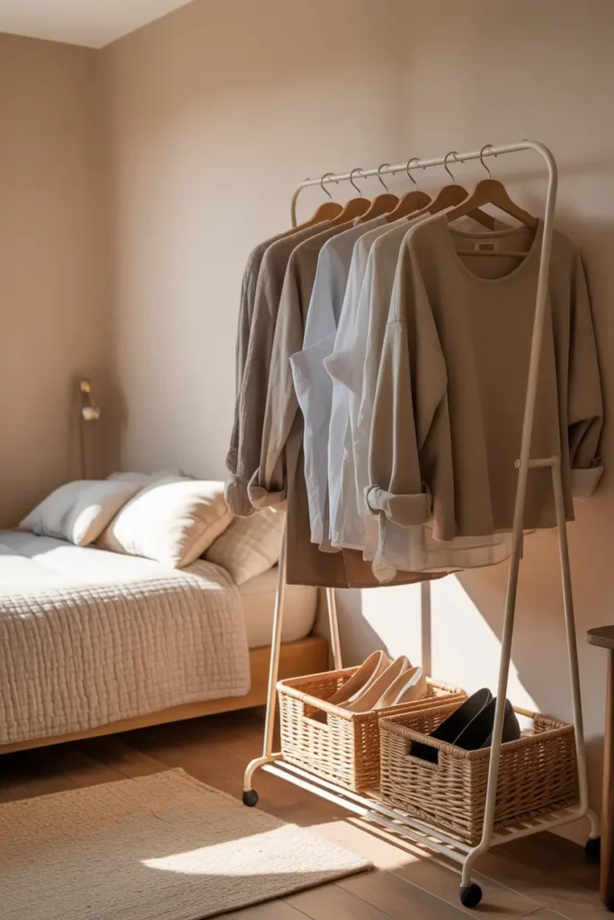 Micro studio apartment with minimal open clothing rack holding neutral toned garments, woven baskets placed underneath rack for shoes, soft beige wall background, nearby bed with textured linen bedding, warm wooden floor and natural sunlight filling room, Pinterest-inspired tidy and stylish small apartment interior.