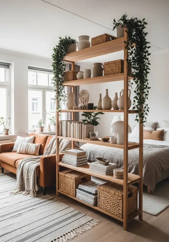 Bright studio apartment featuring tall open wooden shelving used as room divider between lounge area and bed space, stacked books, woven baskets, ceramic decor pieces, trailing houseplants, warm neutral sofa, textured throw blanket, layered rug, natural daylight coming through large windows, cozy Pinterest apartment aesthetic with soft lighting and relaxed styling.

