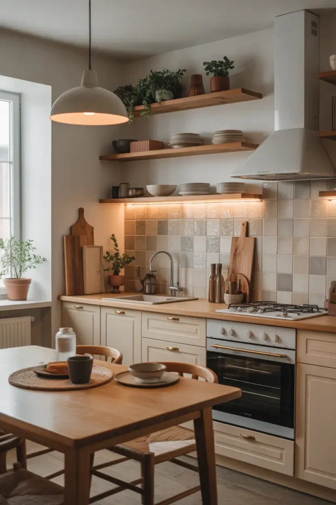 Modern loft apartment kitchen with open wooden shelves, simple dishware, neutral tile backsplash, warm pendant lighting, airy loft layout connected to living area, Pinterest style interior photography with soft daylight and cozy minimalist styling.