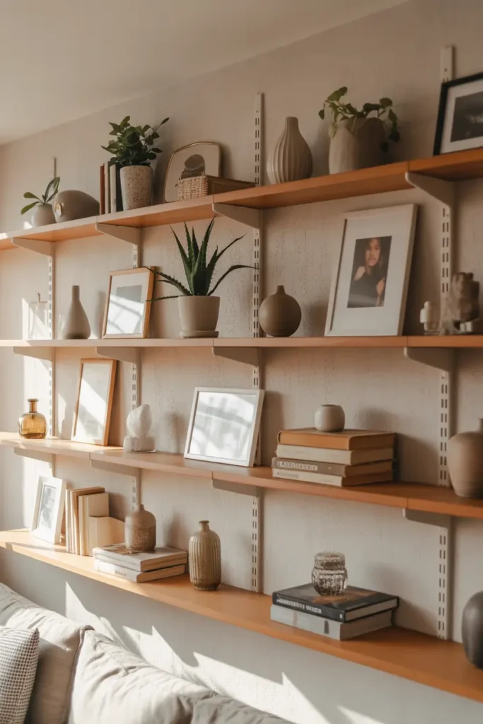 Minimal apartment wall with open wooden shelves styled for Pinterest, small potted plants, framed photos, stacked books, ceramic vases, neutral color palette, warm natural lighting, cozy modern styling, light textured wall background, soft afternoon sunlight highlighting personal decorative details.