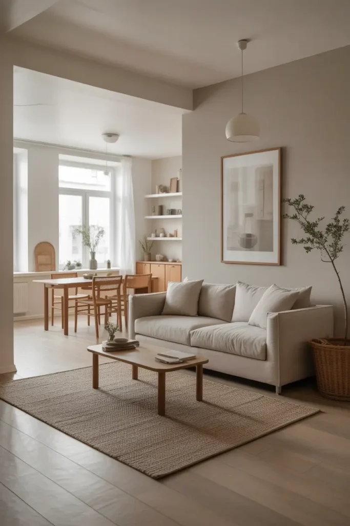 Minimalist apartment living area with open floor space, neutral sofa positioned away from walls, soft natural lighting, light wood flooring, Scandinavian modern decor, airy layout emphasizing negative space, realistic Pinterest interior photography, calm peaceful atmosphere with balanced furniture placement.