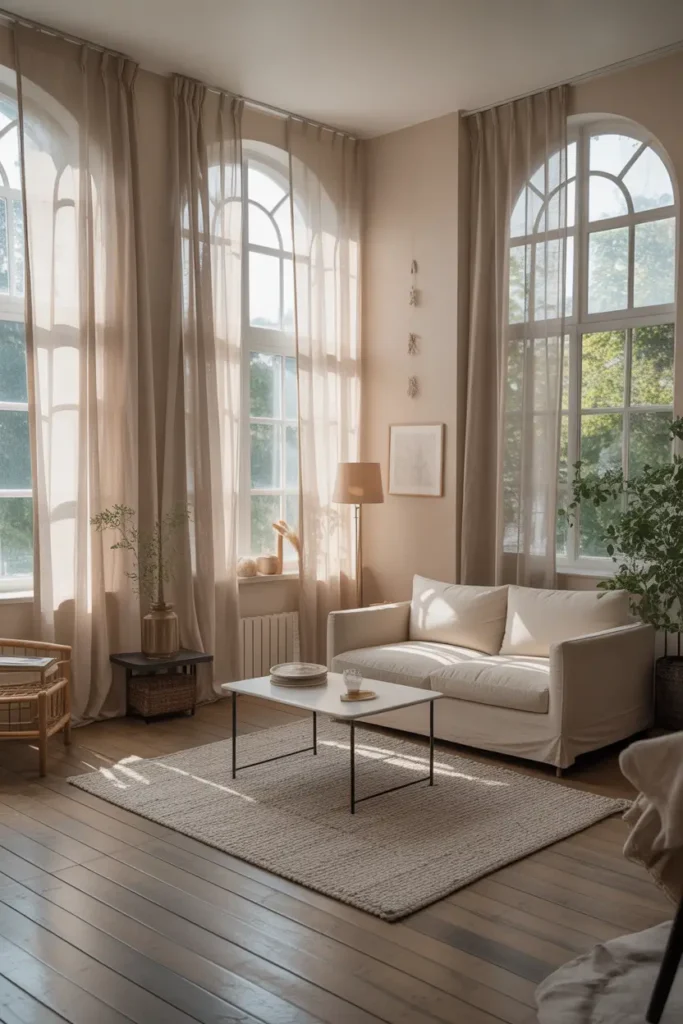 Apartment over garage studio with large windows covered in flowing light curtains, soft daylight filling room, pale wood floors, simple sofa, textured rug, small coffee table, minimal decor pieces, Pinterest interior photography style, calm relaxing small apartment atmosphere, neutral tones and airy layout