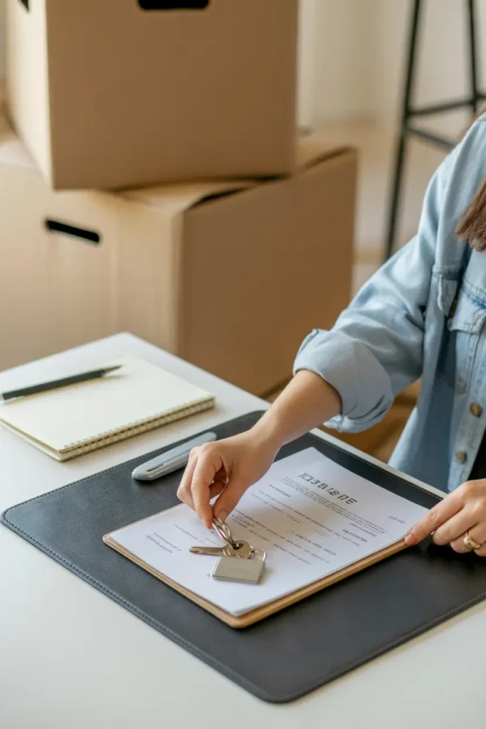 Minimal apartment desk setup with soft natural lighting, woman placing lease papers, keys, and important documents into small organizer folder, moving boxes in background, neutral workspace decor with notebook and pen, clean Pinterest inspired home office scene, realistic textures and calm productive atmosphere.