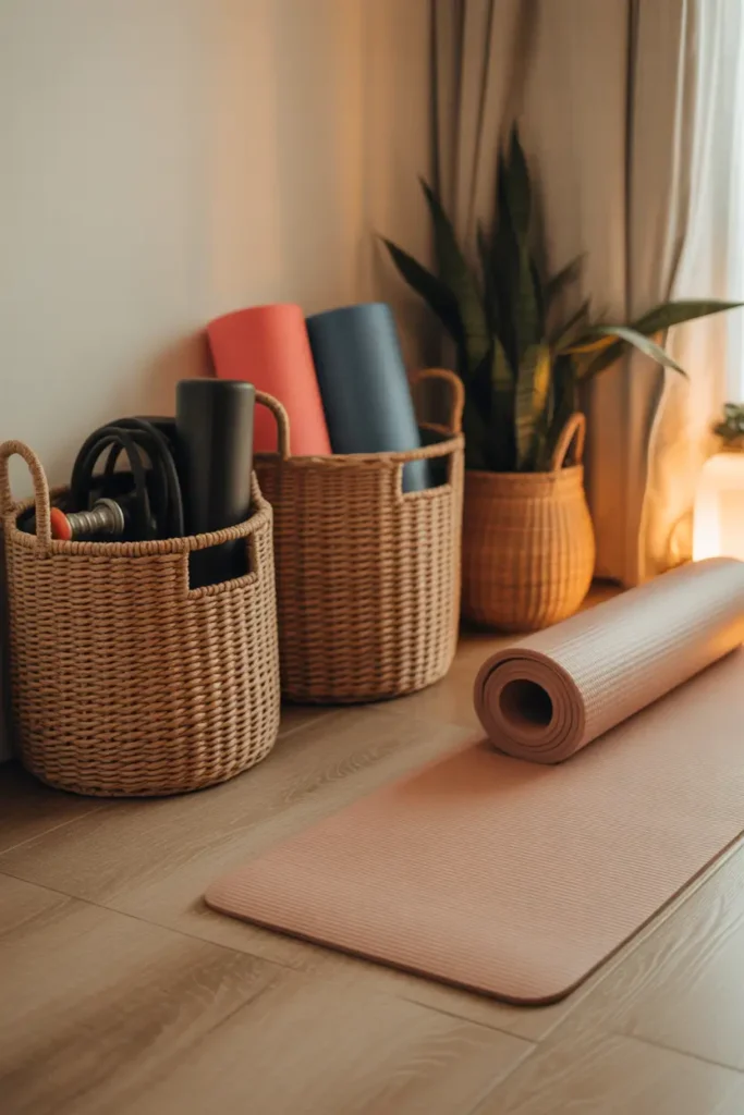 apartment gym corner with woven baskets storing resistance bands, yoga straps, foam roller and small weights, neutral yoga mat laid on light oak flooring, warm natural light entering room, modern small apartment interior with minimal decor and soft cozy textures, indoor plant beside baskets, Pinterest style photography showing tidy stylish home workout organization.