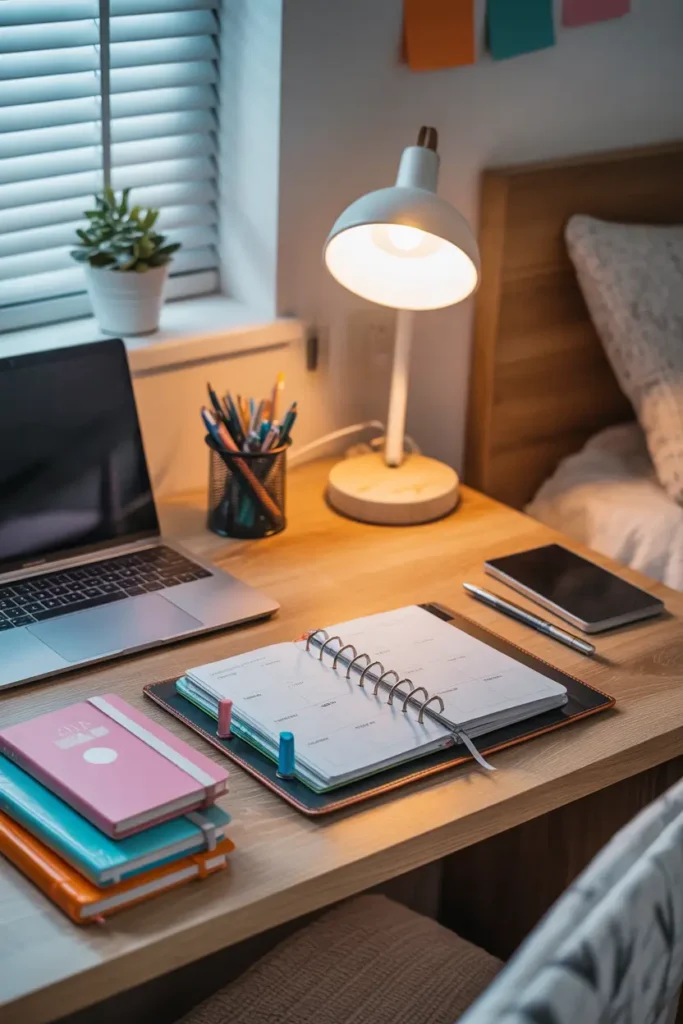 Dorm study desk with neatly arranged planner, colorful notebooks stacked beside laptop, pen holder filled with pens, warm desk lamp shining softly, small plant and cozy bedding nearby creating tidy Pinterest style dorm study corner with calm organized atmosphere.