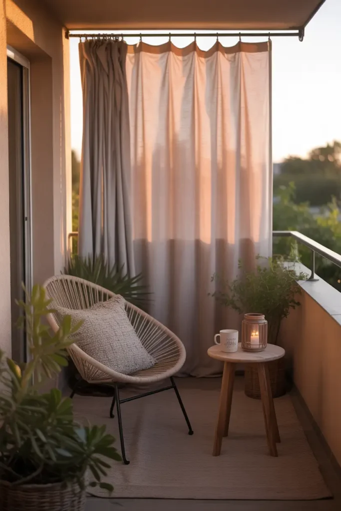 Apartment balcony corner with slim curtain rod mounted between two walls, light beige outdoor curtains softly pulled to one side, cozy wicker lounge chair with textured pillow, small wooden side table with ceramic mug and candle lantern, warm evening sunlight washing over soft fabrics and plants, Pinterest-style balcony scene with calm and relaxing atmosphere.