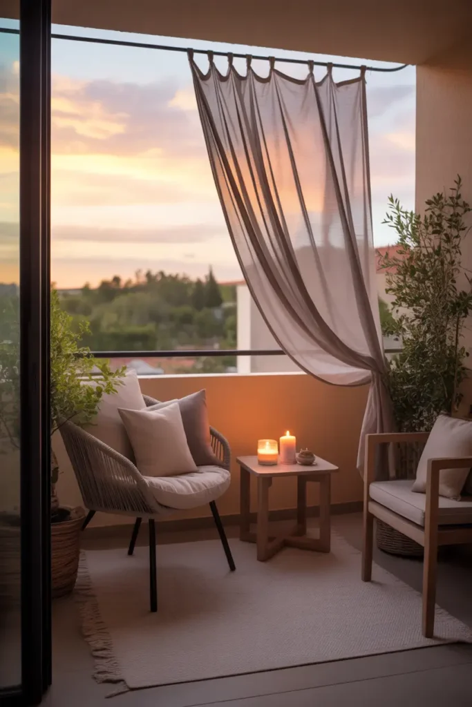 Pinterest style apartment patio with flowing light beige outdoor curtains hanging from balcony frame, soft breeze moving fabric gently, cozy chair with neutral cushions, small wooden table with candle and plant, warm sunset lighting creating calm dreamy balcony atmosphere with soft textures.
