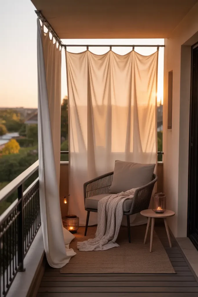 apartment balcony with neutral outdoor fabric screen panels attached to railing frame, soft cream fabric gently moving with breeze, cozy armchair with knitted throw, small wood side table with candle lantern, evening golden light creating warm balcony atmosphere with layered textures.