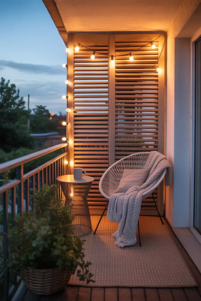 Apartment balcony styled with wooden folding privacy screen beside railing, cozy chair with soft knit throw, small round table with ceramic mug, warm string lights hanging overhead, textured outdoor rug under seating, evening glow lighting up quiet balcony space with soft cozy Pinterest vibe.