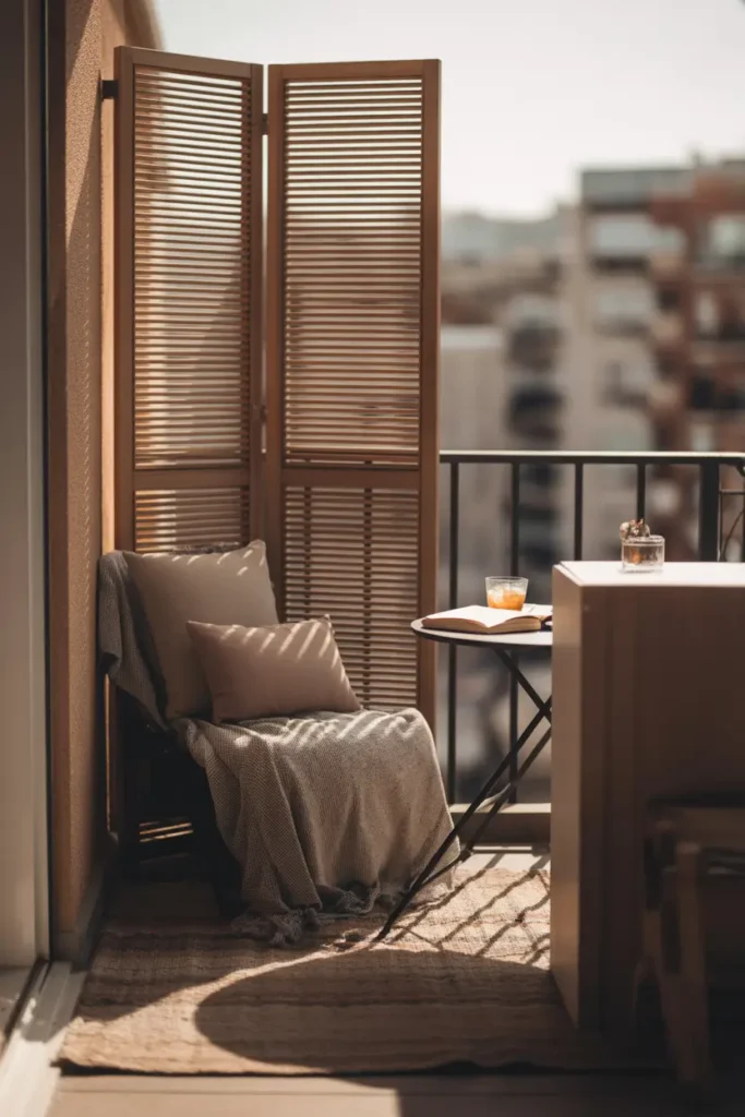 balcony with wooden folding privacy screen positioned beside cozy seating corner, soft afternoon sunlight creating gentle shadows across textured rug, neutral cushions layered on chair, small round table with book and drink, warm earthy tones, urban apartment backdrop softly faded, relaxed lifestyle photography mood, detailed wood textures, calm cozy balcony environment with inviting atmosphere.
