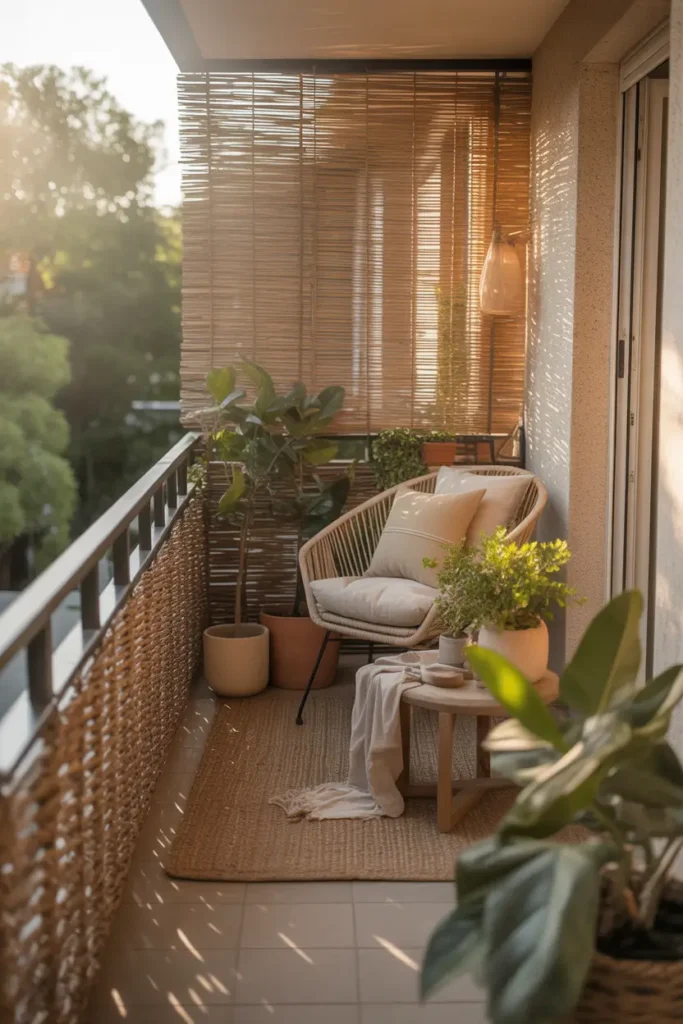 apartment balcony with outdoor reed fence cover attached along railing and side wall, small cozy balcony with woven chair, beige cushions, terracotta planters, leafy green plants, jute rug, soft golden sunlight filtering through natural reed texture, warm earthy tones, realistic apartment details, calm and inviting feminine styling, layered outdoor textures, peaceful small-space atmosphere with relaxed natural mood and Pinterest-ready charm