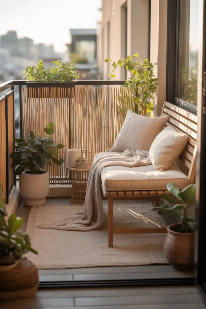 apartment balcony styled with natural reed panels attached to railing, slim wooden bench with cream seat cushion, textured throw blanket, soft beige outdoor rug, ceramic planters with green leafy plants, warm late morning sunlight, gentle city background, cozy feminine styling, layered natural textures, airy but private setting, calm lived-in home atmosphere, realistic lighting, soft shadows, inviting small balcony scene with tasteful decor and peaceful mood