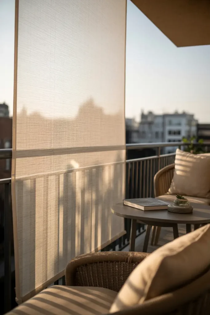 apartment balcony featuring outdoor roller shade partially lowered along railing, warm filtered sunlight creating soft glow across neutral cushions, cozy chair and small table setup, woven rug texture, urban skyline gently blurred, calm minimalist atmosphere, lifestyle photography composition, soft beige tones, relaxed cozy balcony mood, natural lighting, modern outdoor living aesthetic with inviting peaceful feeling.