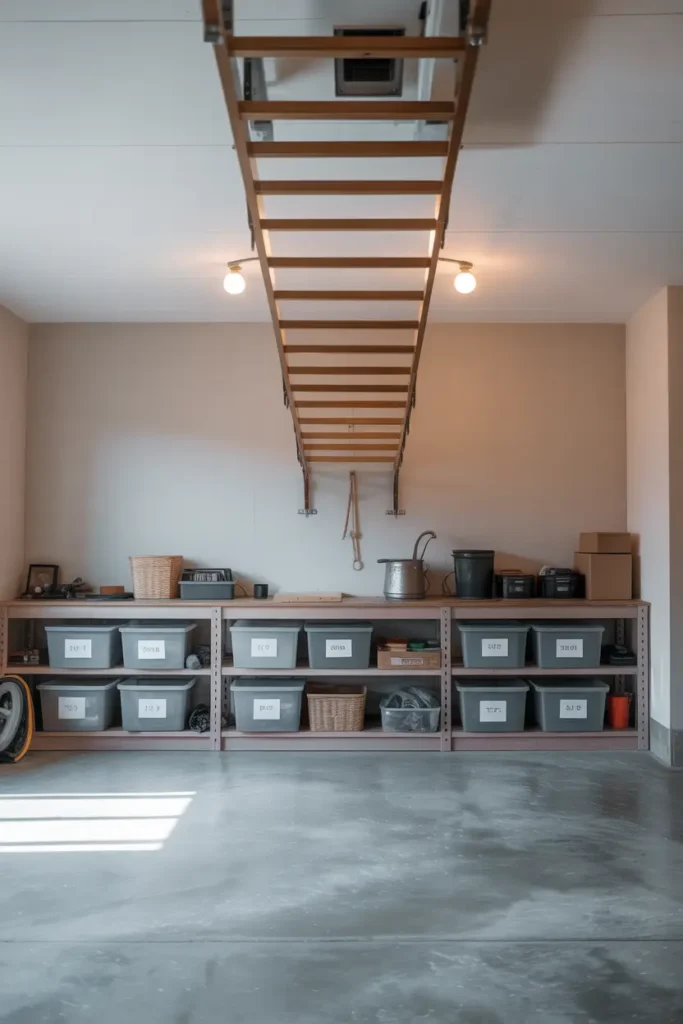 Pinterest style apartment garage with ladder mounted horizontally on ceiling brackets, bright white walls, soft diffused lighting, organized shelves beneath with labeled bins and storage boxes, minimal clutter and clean concrete floor, calm spacious garage layout with natural shadows and cozy functional styling.