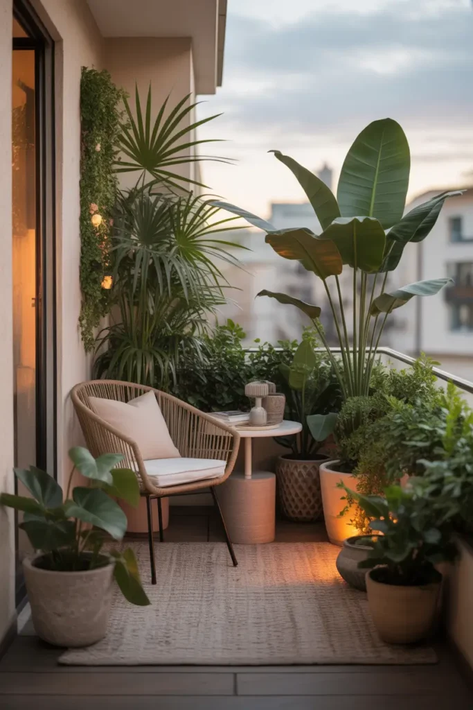 small apartment balcony with oversized potted plants creating privacy, including tall palms and broad leafy greenery in warm stone planters, woven accent chair with cream cushion, small round table, textured outdoor rug, soft sunset glow, feminine and cozy decor style, natural materials, airy city backdrop blurred in distance, layered plant styling, intimate relaxing atmosphere, realistic shadows and elegant homey outdoor scene with soft warm tones