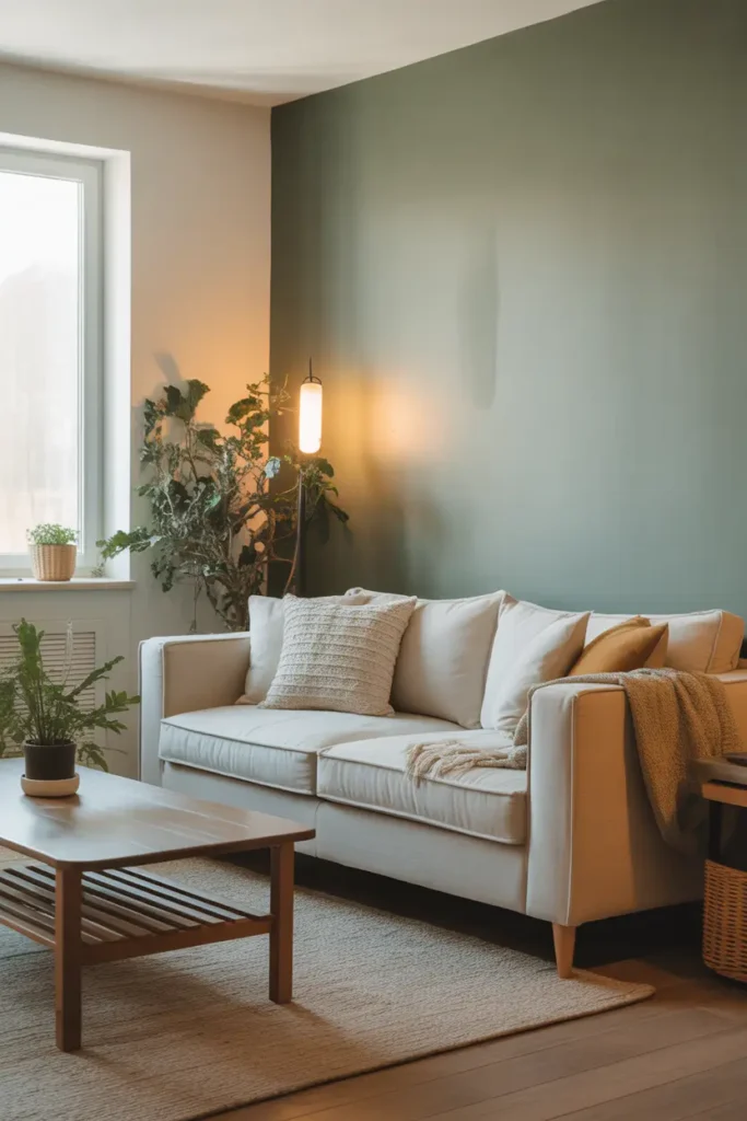 Pinterest style apartment living room with soft painted accent wall in muted sage green tone, cozy cream sofa placed against wall, textured throw pillows, wooden coffee table, indoor plant near window, warm natural daylight filling the room, calm stylish interior design with simple budget friendly wall styling.