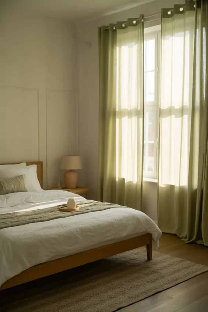 Soft feminine apartment bedroom with pale green curtains glowing in morning sunlight, white bedding, wooden bed frame, textured rug, small bedside table with ceramic lamp, natural decor, calm cozy Pinterest style bedroom scene with peaceful soft lighting.