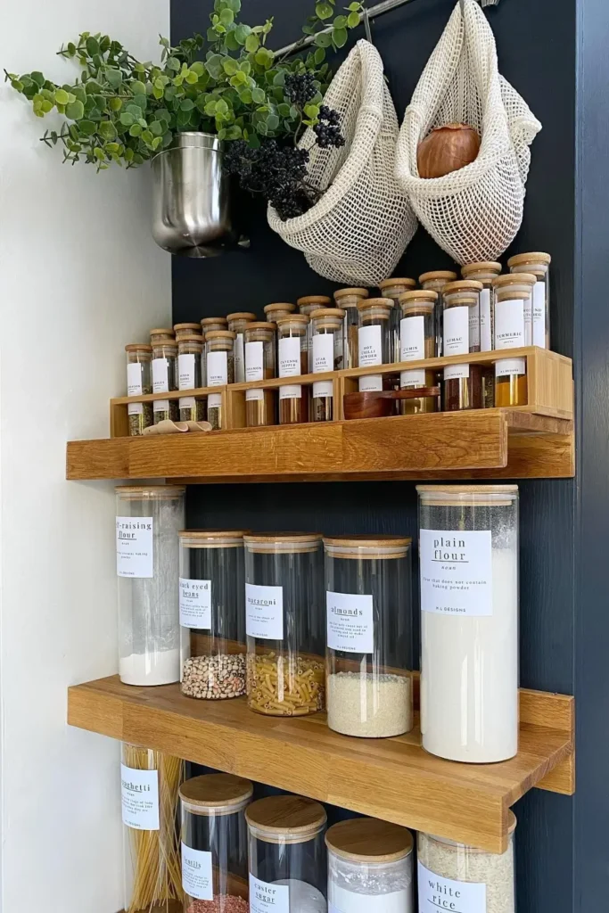 Small organized pantry with labeled glass jars, minimalist white labels on containers filled with grains, pasta, cereal, and snacks, cozy modern kitchen with wooden shelves and soft lighting, Pinterest-style organization scene with neutral tones, natural textures, and calm structured layout.