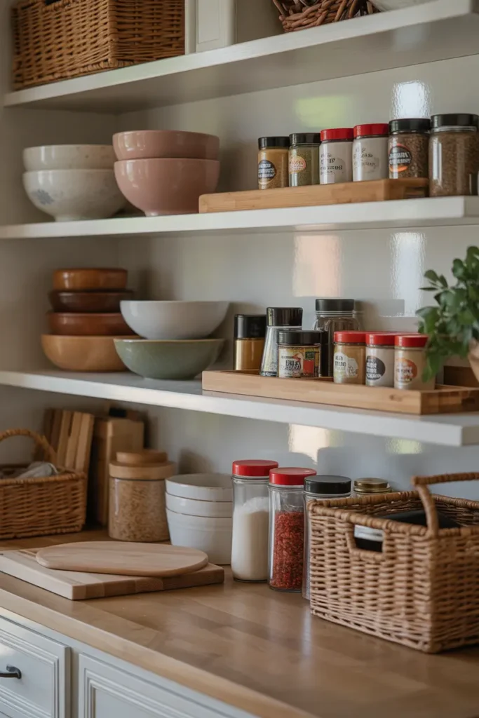 Pantry shelf with wooden shelf risers displaying stacked bowls, spice jars, and small food containers, cozy kitchen lighting reflecting on white shelves, natural wood accents and woven baskets nearby, Pinterest-style small pantry organization scene with warm welcoming atmosphere.