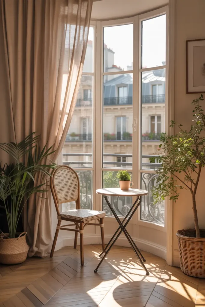 Paris apartment interior corner with small bistro chair and table placed beside tall window, potted plants nearby, soft linen curtain flowing with breeze, warm sunlight filling the room, cozy feminine Paris aesthetic, light wooden flooring, relaxed coffee corner atmosphere, Pinterest interior scene.
