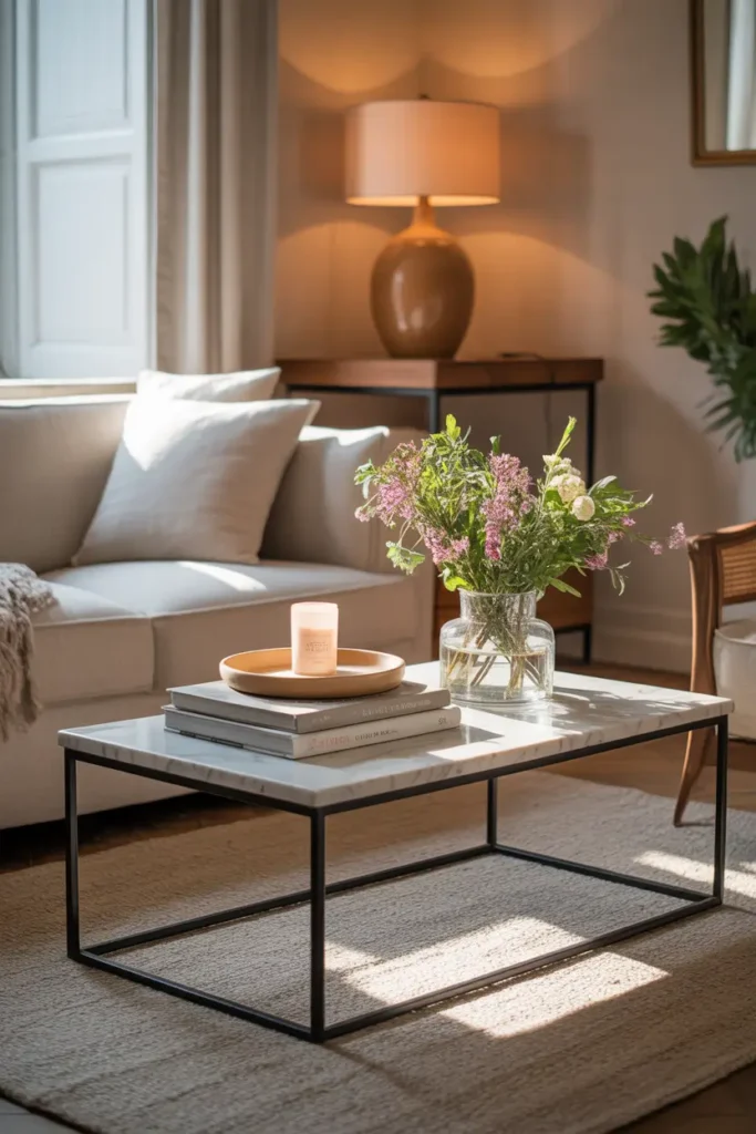 Parisian apartment coffee table with stacked books, small candle, ceramic tray, fresh flowers, linen sofa nearby, warm natural sunlight glowing through window, cozy feminine interior atmosphere captured in Pinterest photography.