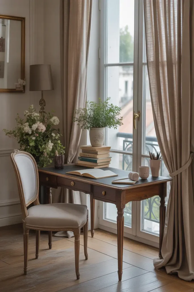 Small Paris apartment workspace with vintage wooden desk, elegant chair with curved legs, stack of books, ceramic cup holding pens, tall window nearby with linen curtains, soft daylight illuminating desk, feminine cozy workspace aesthetic, light wood floor, Pinterest interior photography.