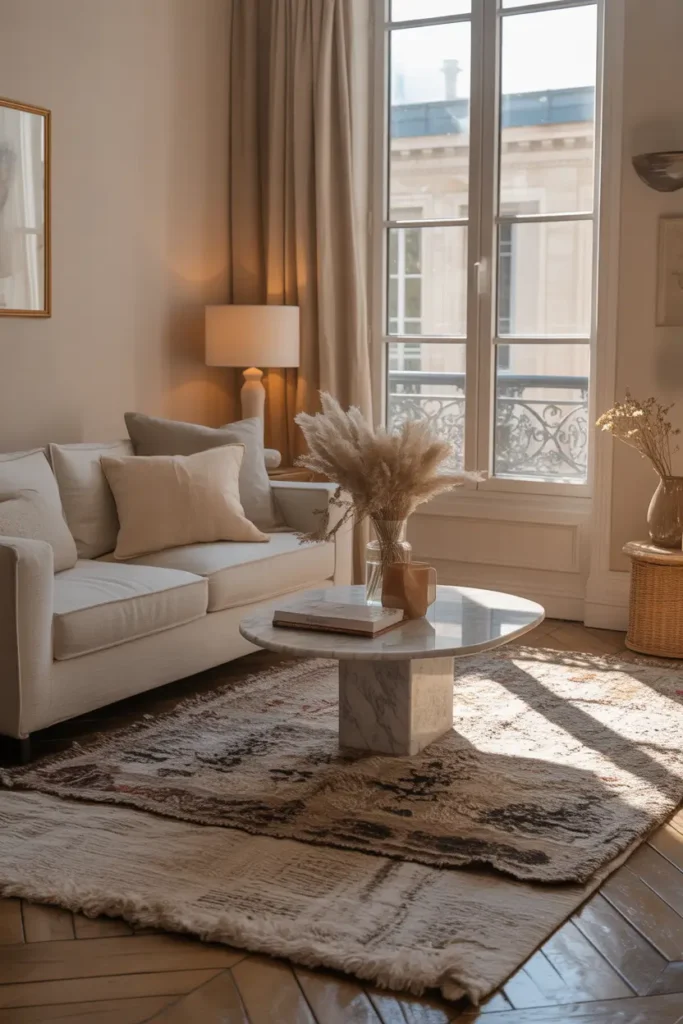 Small Paris apartment living room with layered neutral rugs, light wooden floor partially visible, cream sofa with linen pillows, marble coffee table, warm sunlight entering through tall window, cozy feminine apartment aesthetic, soft textures throughout the room, Pinterest interior photography.