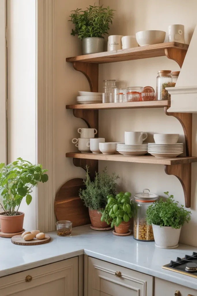 Paris apartment kitchen corner with open wooden shelves, white ceramic dishes, glass jars, small potted herbs, marble countertop, soft warm light coming through window, light cream walls with subtle molding, cozy feminine kitchen styling, natural textures, Pinterest interior photography.