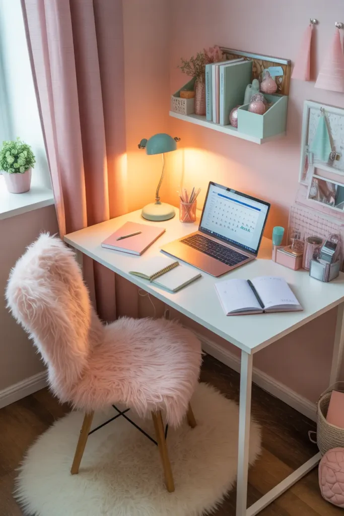 Cute dorm study desk decorated with pastel accessories, soft pink notebook, mint desk lamp, laptop and planner neatly placed, fluffy chair cushion and cozy rug under desk, warm lighting creating soft Pinterest style dorm study corner with feminine relaxing atmosphere.