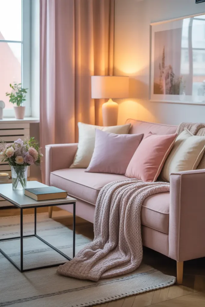 Small apartment sofa styled with pastel pillows in blush pink, soft lavender, and cream tones, cozy knit throw blanket, warm lamp beside sofa, tiny coffee table with flowers and books, soft natural daylight filling living room, feminine cozy decor style