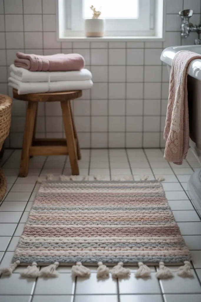 Cozy apartment bathroom floor with patterned cotton bath mat in soft neutral colors. White tiles surround the mat while a wooden stool with folded towels sits nearby. Gentle morning light from a small window highlights texture of the mat and soft linens. Pinterest-style bathroom styling with calm colors and cozy atmosphere.
